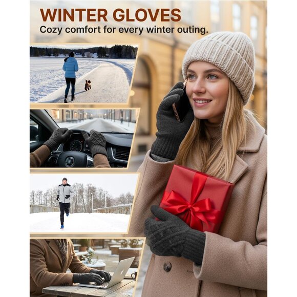 ⚡Women Grey Winter Warm Touchscreen Texting Knit Thermal Wool Lining Gloves - Picture 5 of 7